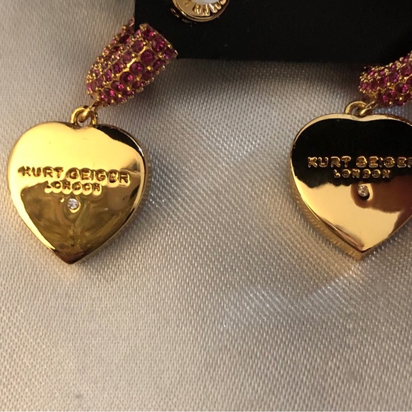 Kurt Geiger Gold Tone Pink Crystal Huggie Hoops With Heart Crystal Charm NWT - Picture 8 of 12